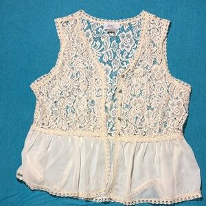 Jody of California Lace & Chiffon Sleeveless Peplum Blouse/Vest - Cream large